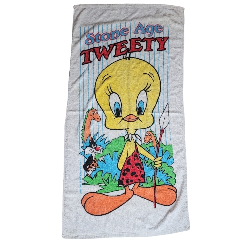 VTG Tweety Bird 1987 Stone Age Dinosaur Beach Towel Sylvester